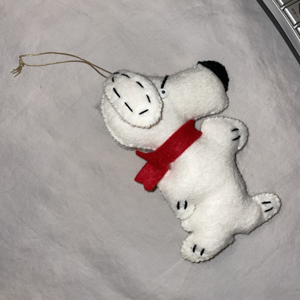 CUTE Handmade Ornament White Felt Dog Black Nose Red Scarf Sitting Up Google Eye